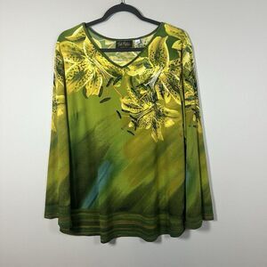 Bob Mackie Large Green Yellow‎ Floral Long Sleeve Tunic Top